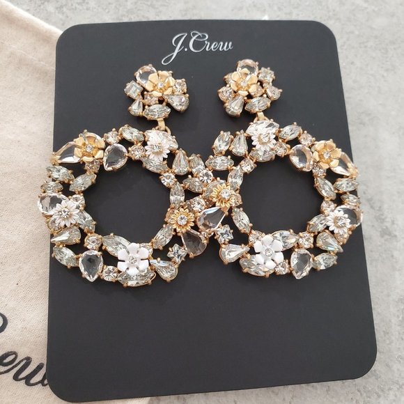 J Crew Floral Hoop Earrings Clear Gold Statement - Picture 4 of 4